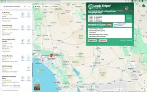 Google Maps lead scraping tool interface showing business listings and extracted contacts.
