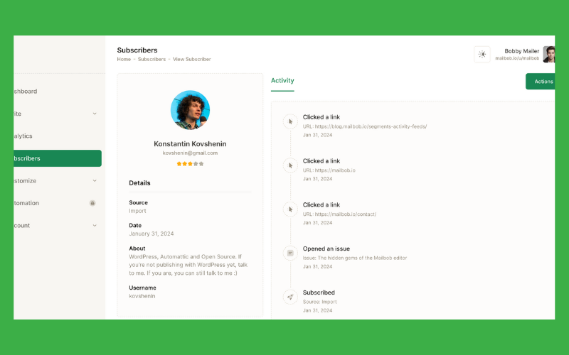 Subscriber user interface in Mailbob - Email Newsletter Platform