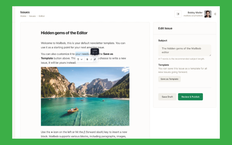 News letter editor in Mailbob - email marketing platform