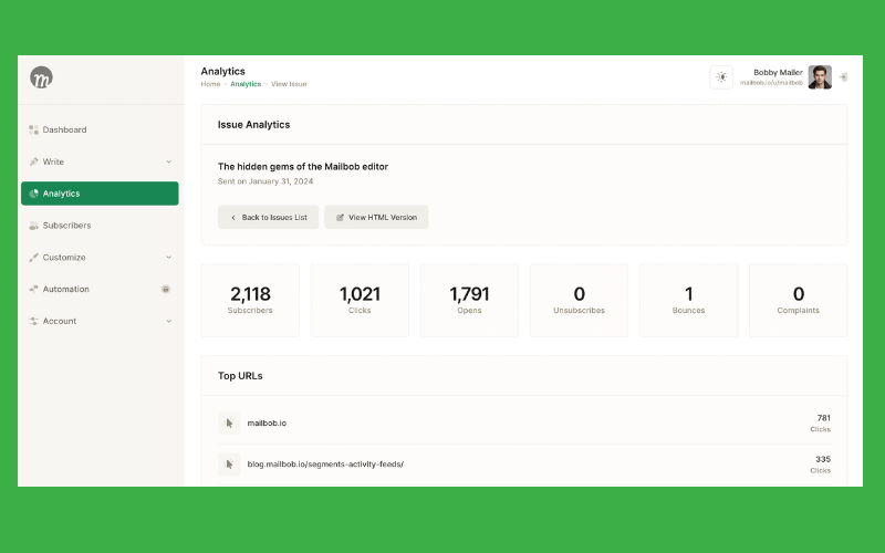 Analytics user interface in mailbob - Email Newsletter Platform