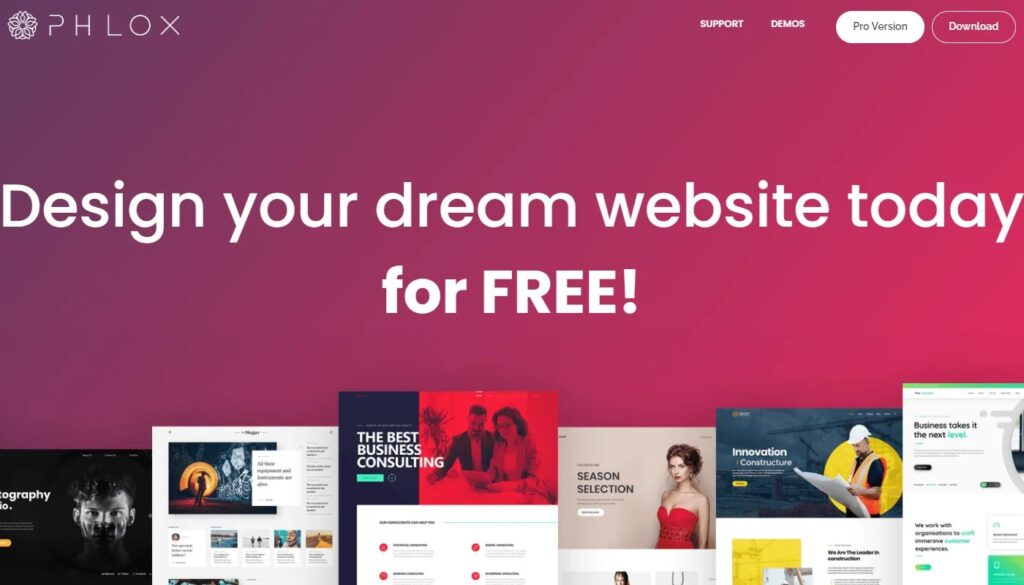 Phlox WordPress Theme For Free Feature image showcasing various templates