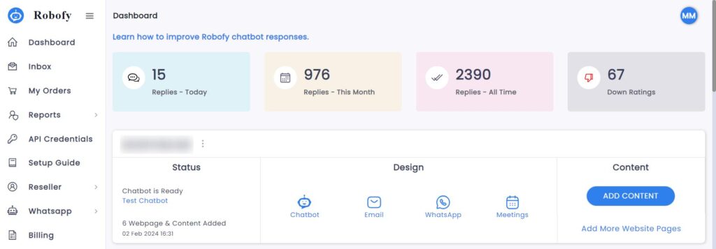 Robofy - AI Chatbot for Website Dashboard Preview