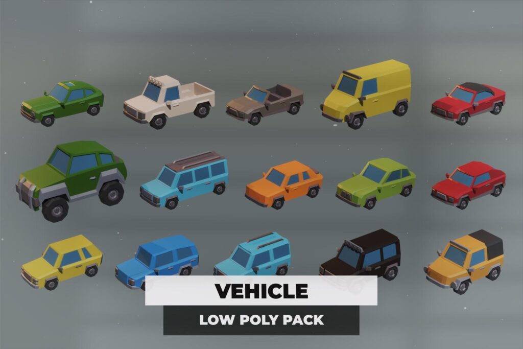 vehicles available in the low poly game dev assets