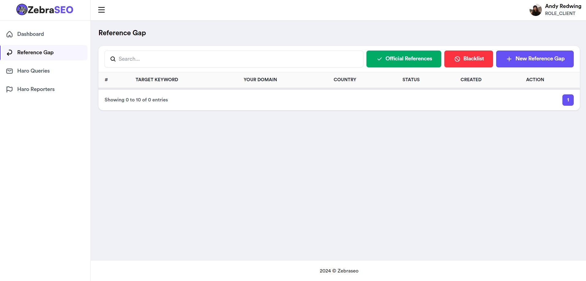 Reference gap user interface of backlink building tool