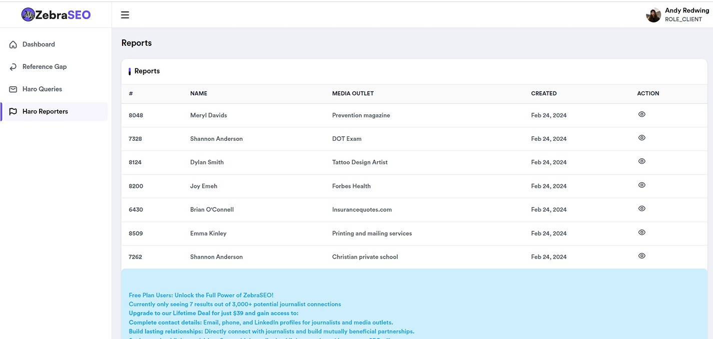 HARO Reports in ZebraSEO Dashboard Backlink building tool