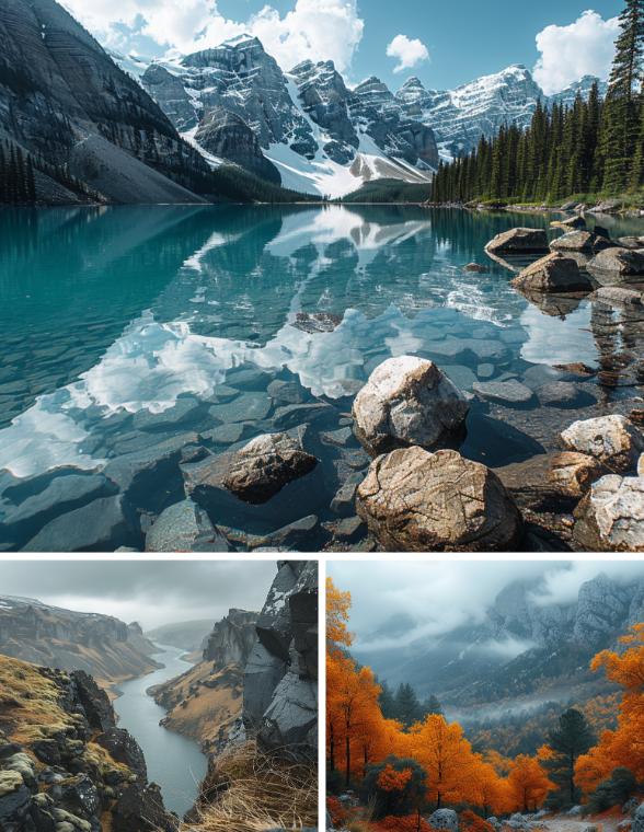 Collage of beautiful lakes and forests from stock image library