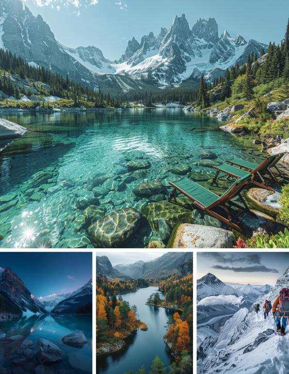 Collage of picturesque rivers, snow-capped mountains and lakes