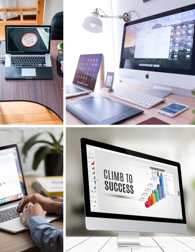 Collage of workspaces and laptops