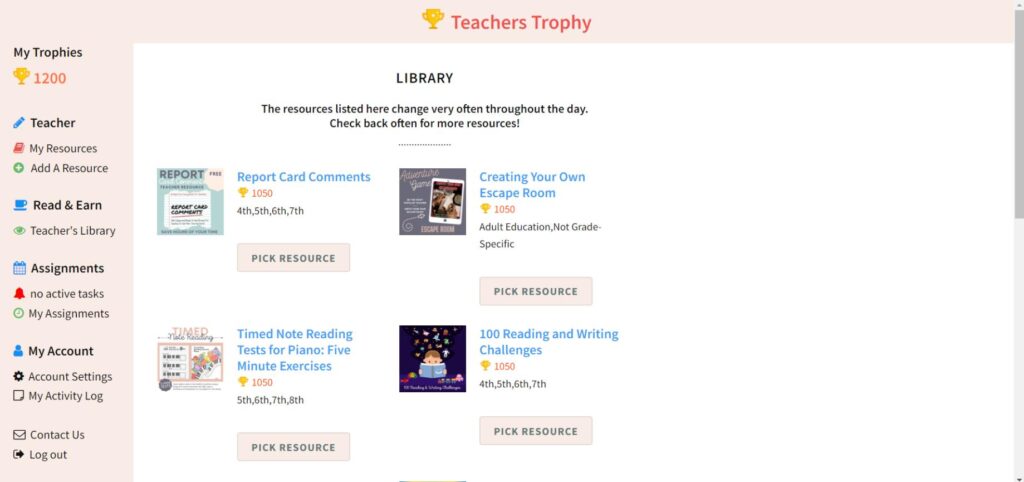 teacherstrophy-teachers-library User Interface
