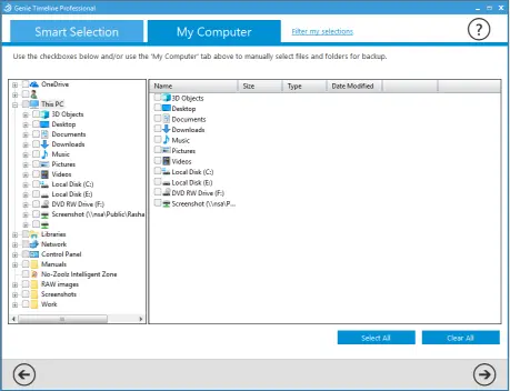 Data selection user interface of genie timeline 10 - backup solution