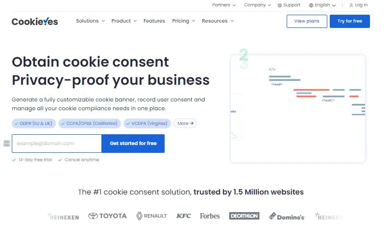 CookieYes website home page displaying website's features and functions