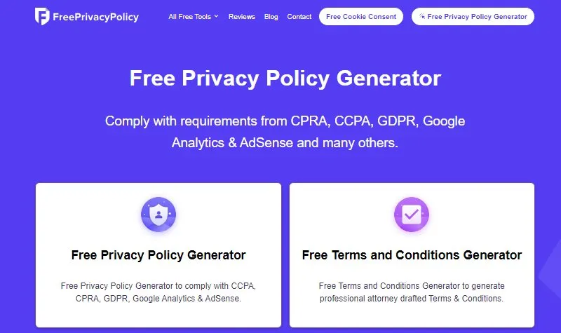 Free-Privacy-Policy website homepage displaying website's features and functions