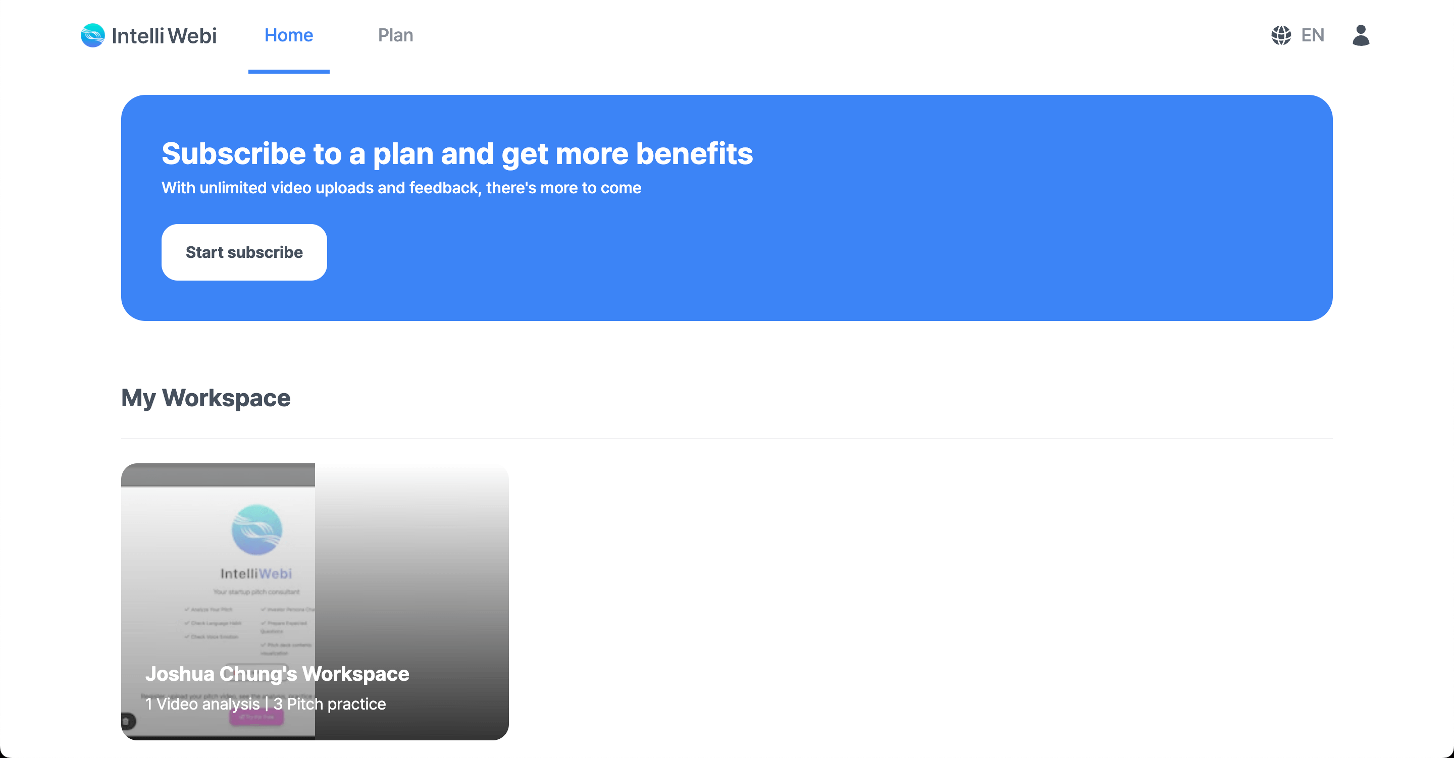 My workspace user interface of Intlliwebi - AI pitch deck analysis tool