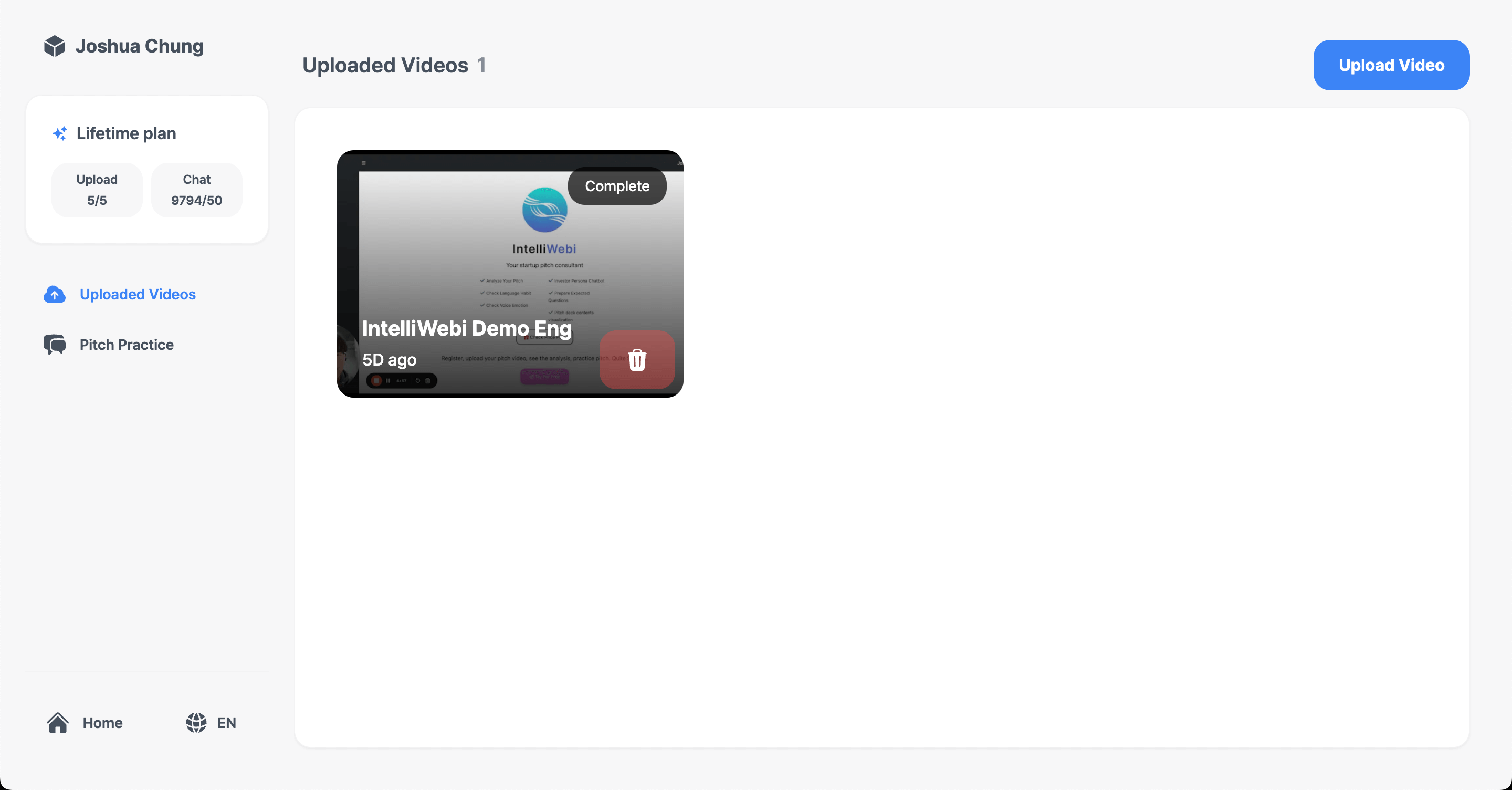 Uploaded Videos user interface
