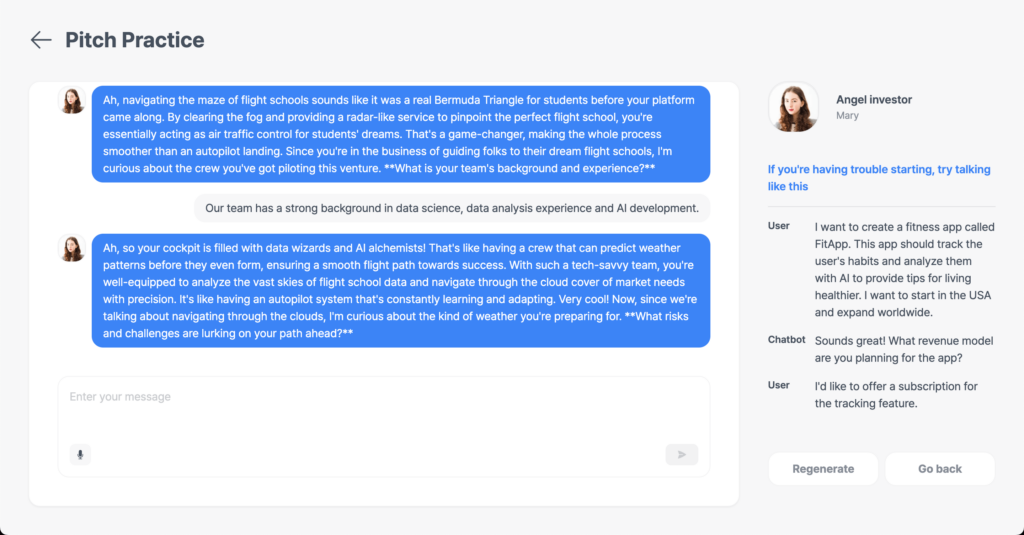 Pitch Practice with AI investor persona chatbot in Intelliwebi - AI pitch deck analysis tool