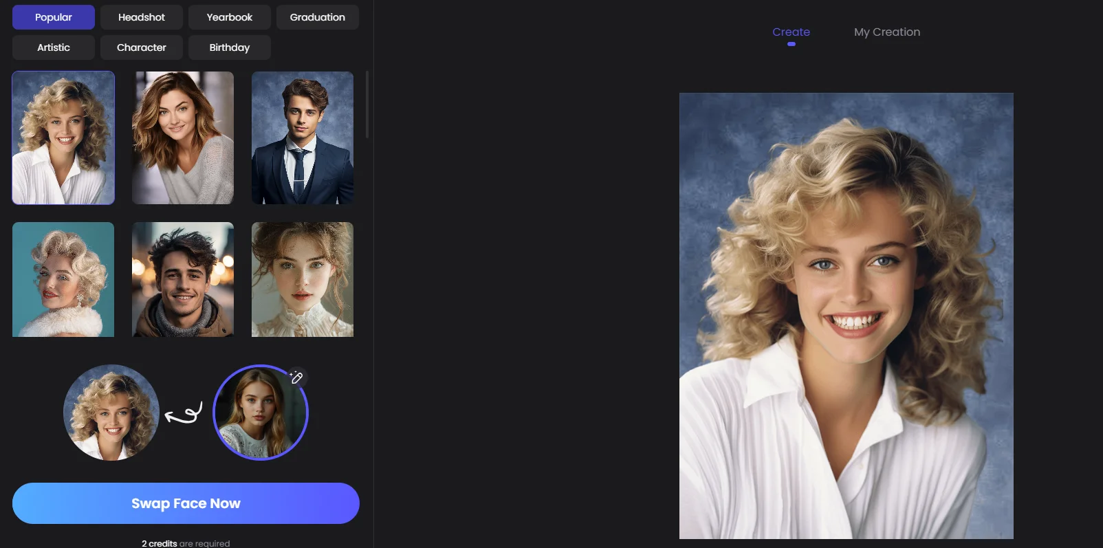 Face Swap Feature User Interface of Picwish