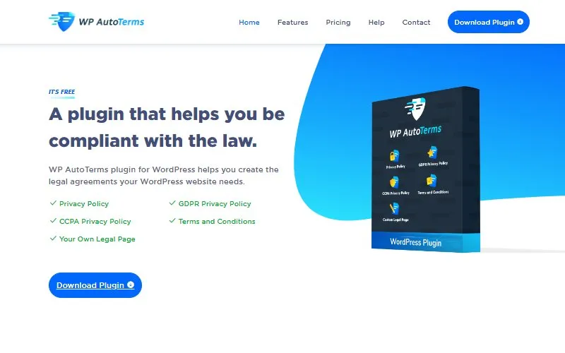 WP-Auto-Terms privacy policy genearator website homepage displaying website's features and functions