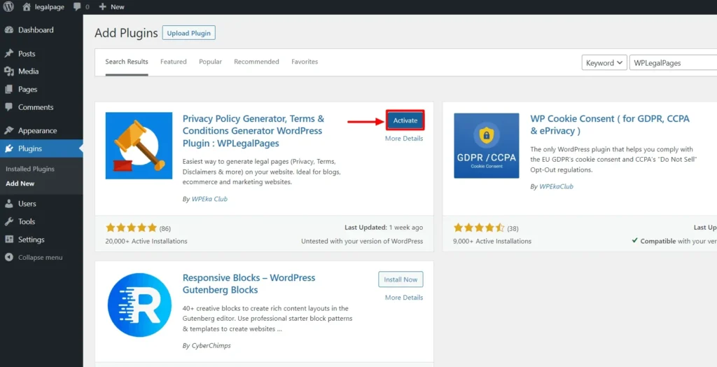 User Interface Detail: Installing e-commerce Privacy Plugin for Online Store