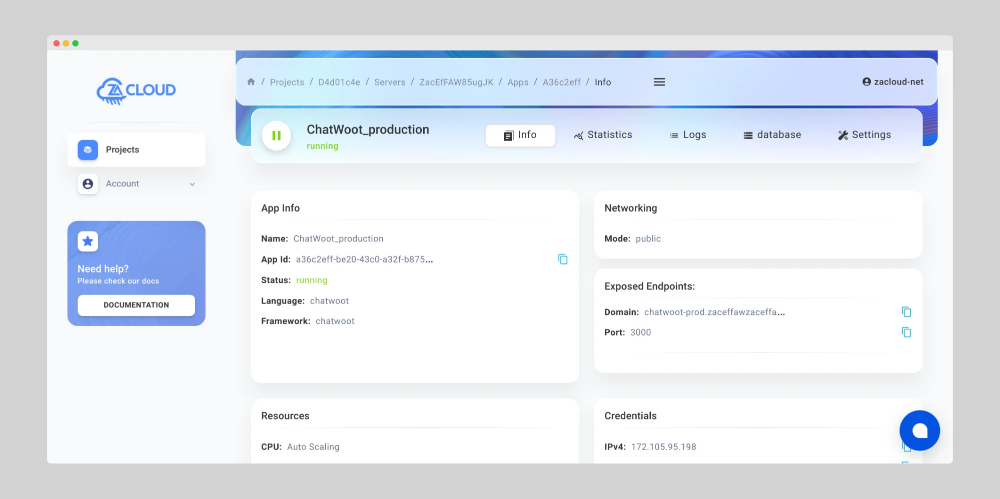 cloud server application Dashboard Settings UI