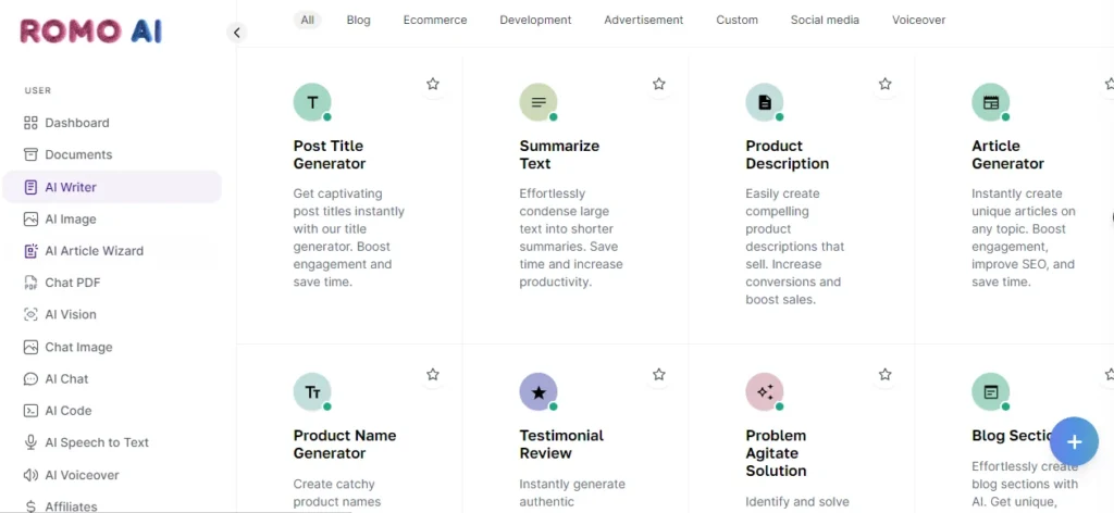 AI Writer Feature of Romo AI