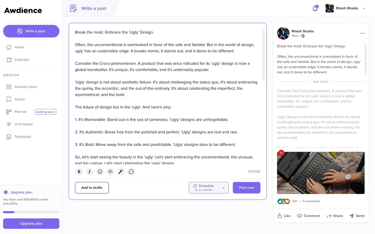 Write a post using AI LinkedIn Content Generator AWDIENCE