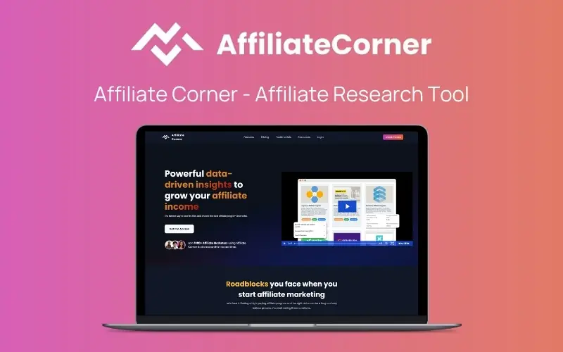 Affiliate Corner Feature image displaying a laptop mockup with the website homepage