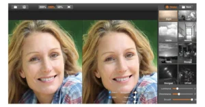 Before and after image of a woman edited using Super Denoising - Photo Noise Reduction Software For Mac post using remove grain from photo