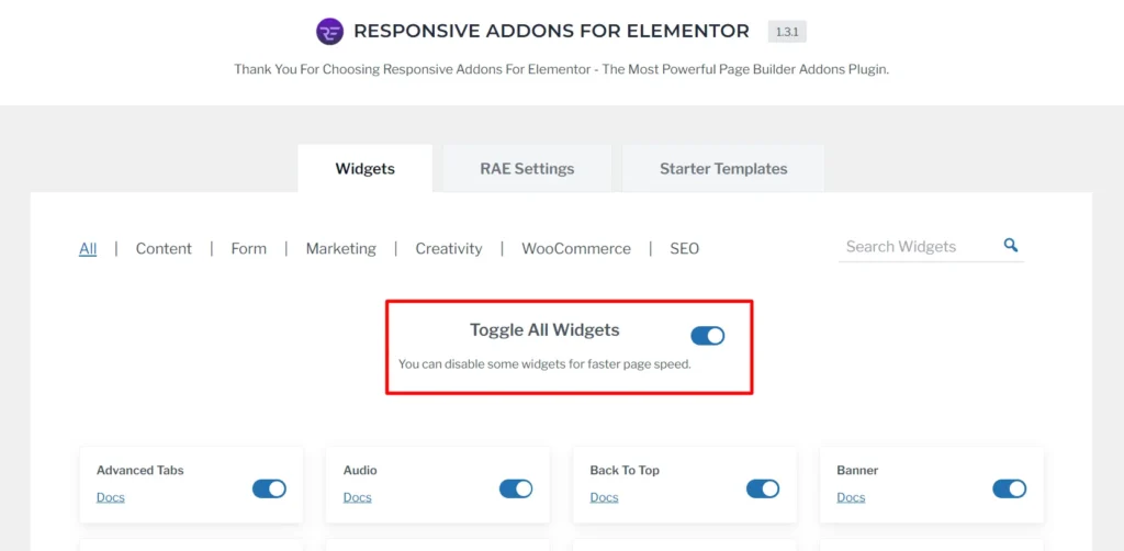 Toggle All Widgets User interface