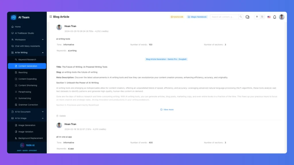 Blog writing feature preview of this All-In-One AI Tool. 1min ai lifetime subscription
