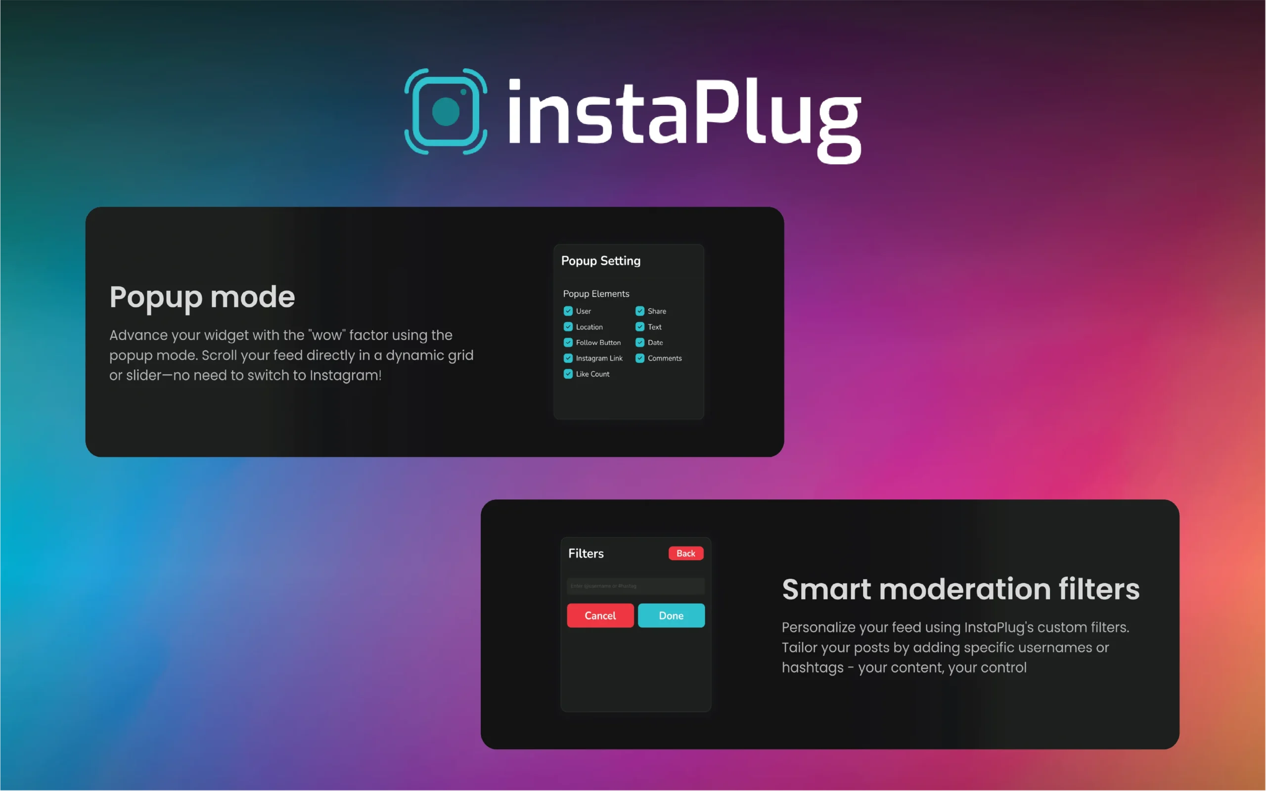 Popup mode & smart moderation Filter widgets instagram-grid-planner