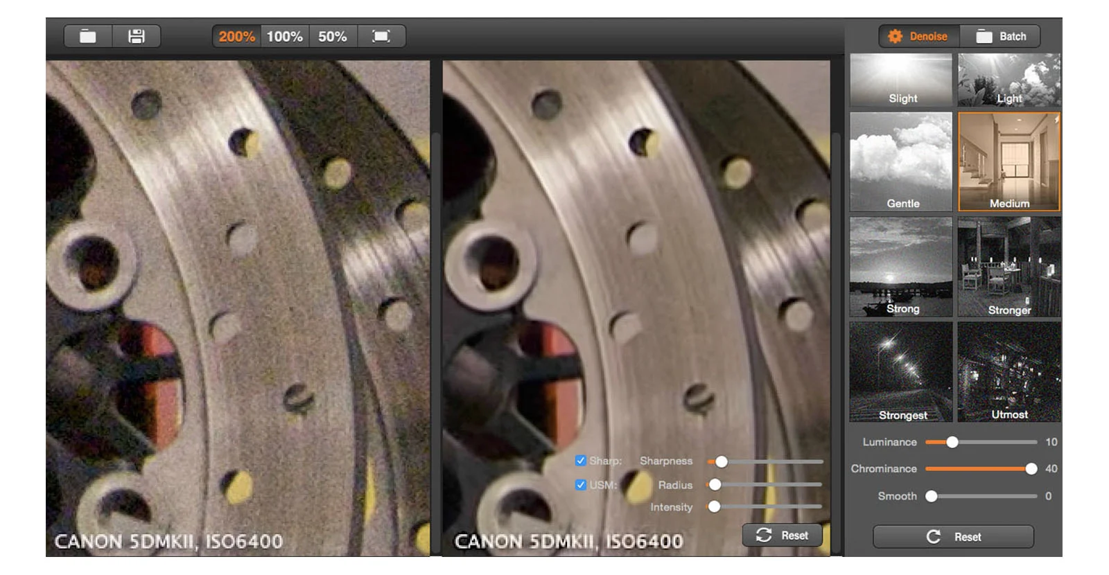 Less Noise Fixing differences before and after using remove grain from photo