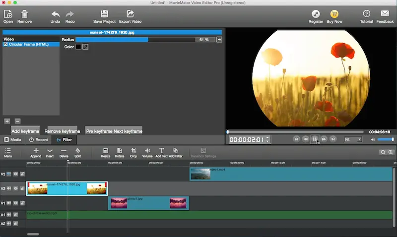 Animation using keyframes in Movie mator - Video editing software with keyframes