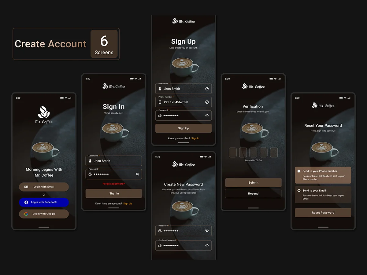 6 Create Account Interfaces Included in Mr. Coffee UI Kit