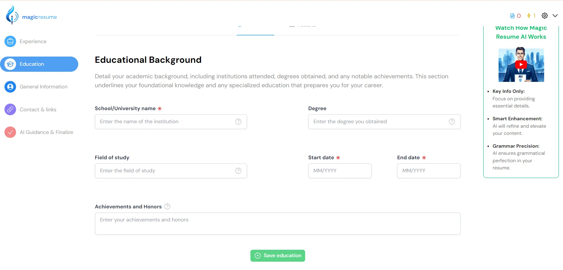 Add Your Education Background To create resume Using AI