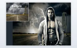 portrait with a stylized grunge storm look using studiomagic photoshop plugin