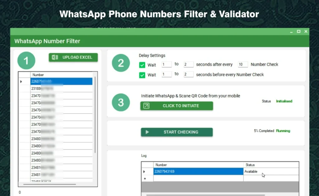 WhatsApp phone filters and validator preview. wa sender free bulk messaging