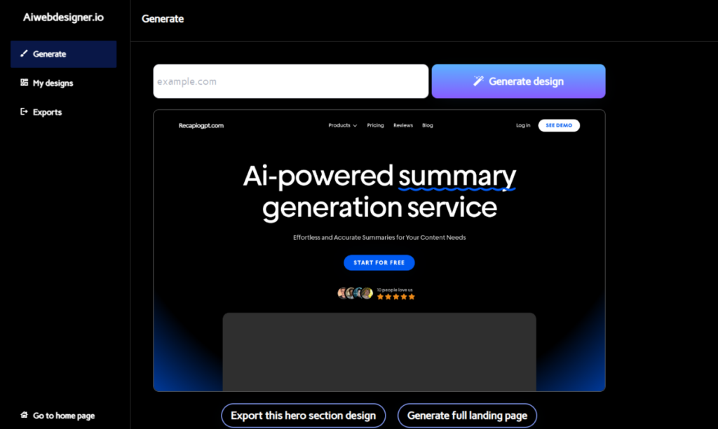 Preview of Ai Web design generator dashboard
