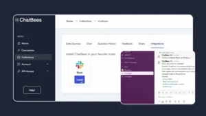ChatBees integrations page showing Slack installation options and a Slack chat preview.
