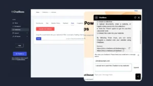 ChatBees platform dashboard with an active chatbot widget preview on top.
