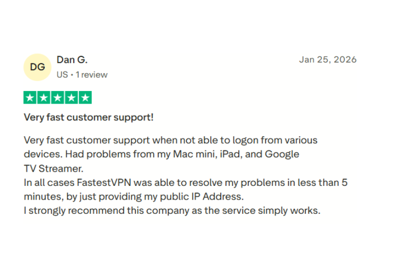 Customer review of FastestVPN on Trustpilot