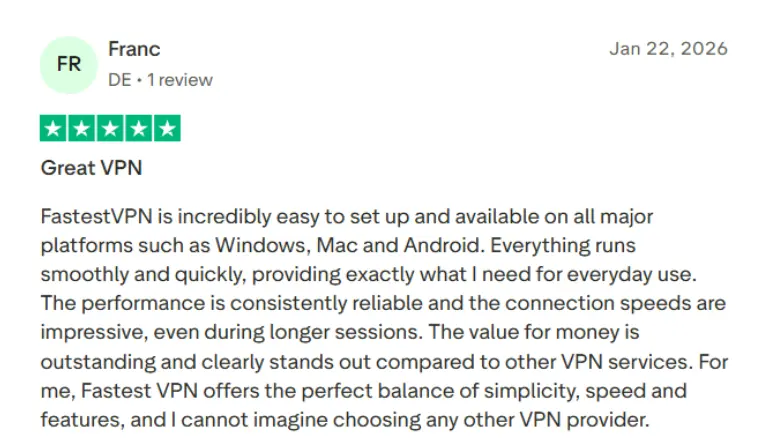 Customer review of FastestVPN on Trustpilot