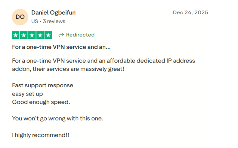Customer review of FastestVPN on Trustpilot