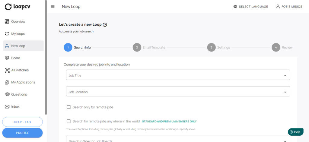 Preview of LoopCV - Job Search platform new job loop creation tab