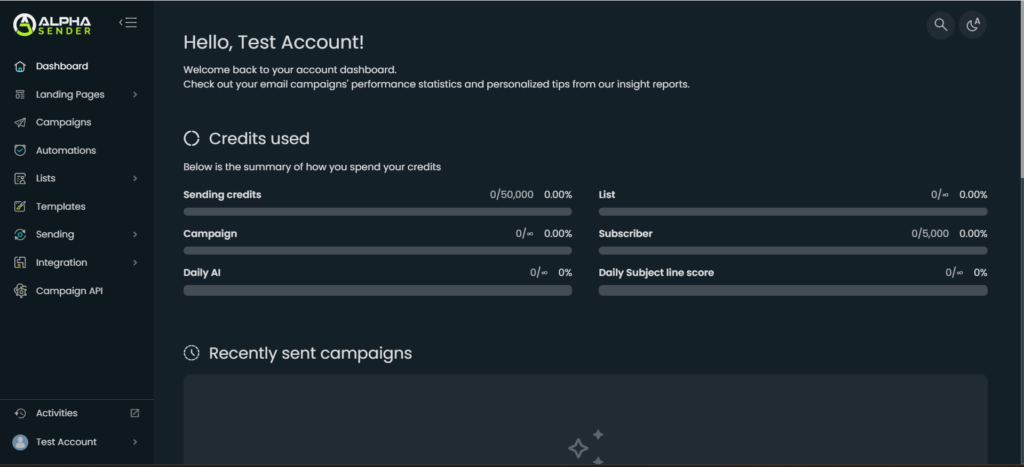 Alpha sender - Ai email marketing tool Dashboard Preview