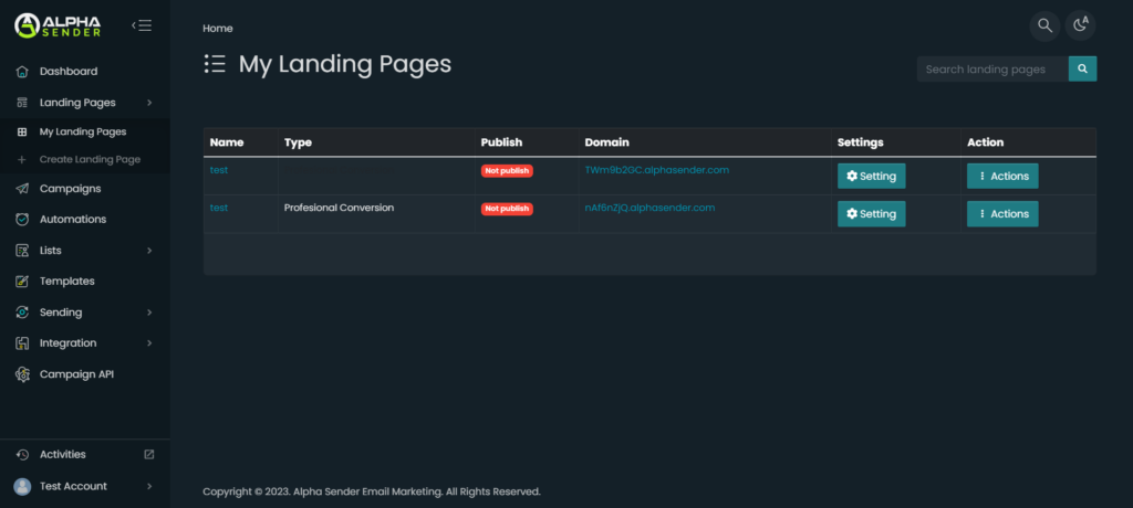 saved Landing Pages preview
