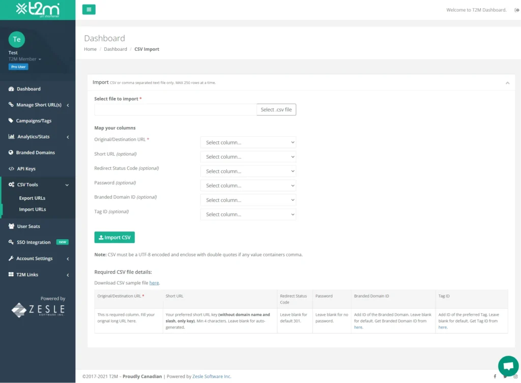 T2M Custom URL Shortener - Bulk Create CSV IMPORT Feature