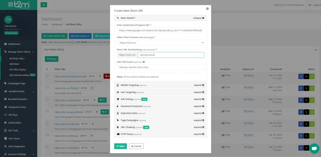 T2M Create new short url feature