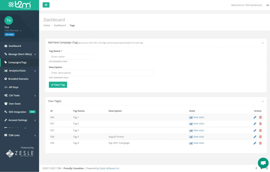 T2M Custom URL Shortener - Tags Campaign Feature