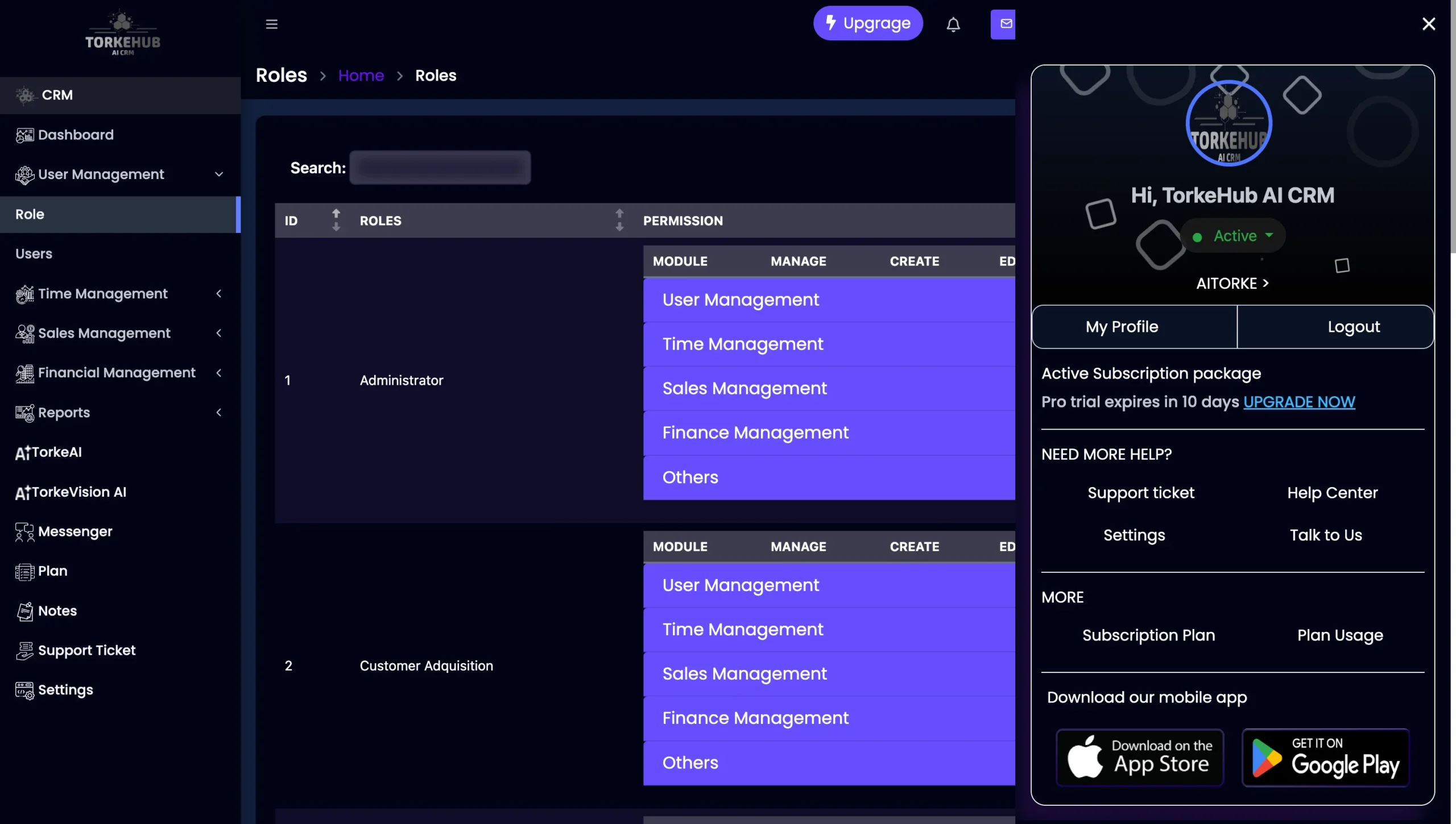 User Management Interface of TorkeHub Customer Relationship Management Software