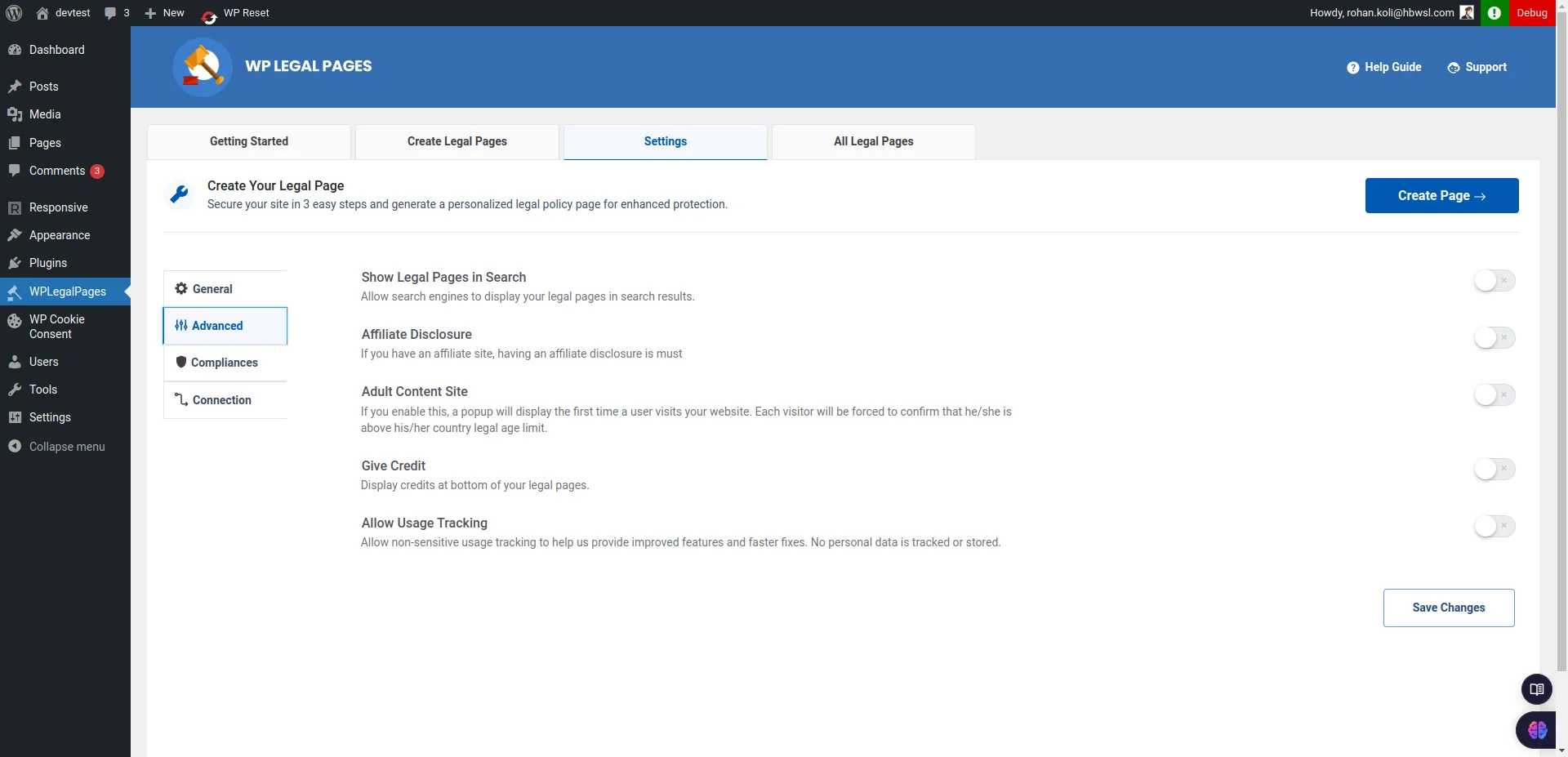 WP Legal Pages - generate privacy policy page Settings UI